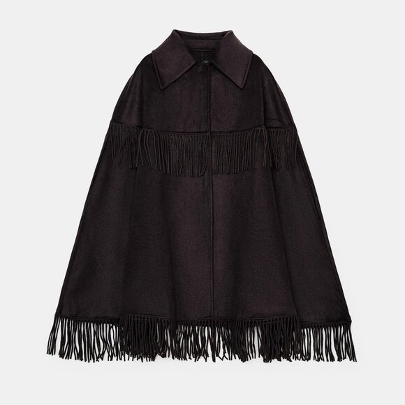 ZARA FRINGED WOOL LONG CAPE - Picture 10 of 12